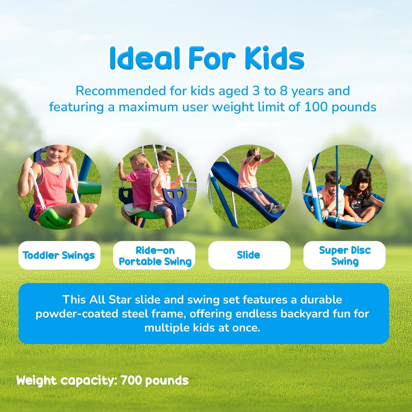 XDP Recreation All Star Playground Outdoor Swing Set, Rider, Super Disc & Slide - 125405