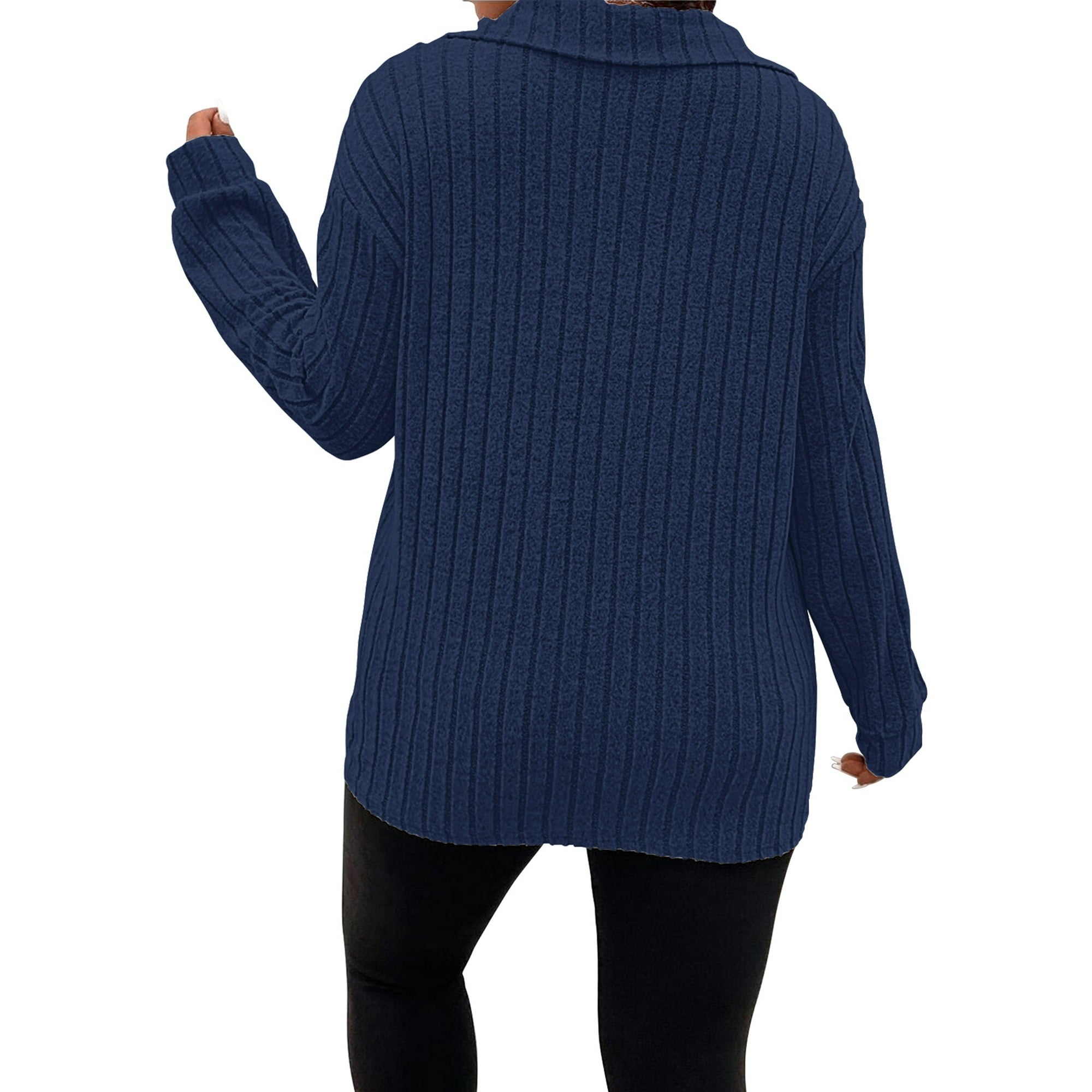 Plus Size Navy Long Sleeve V Neck Polo Shirts For Women