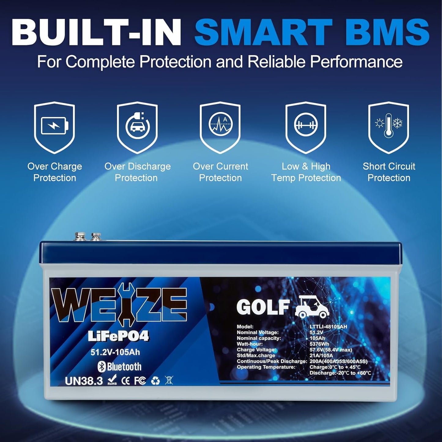 WEIZE 48V 105Ah LiFePO4 Battery w/ Bluetooth & BMS - BAC-0126VWEI
