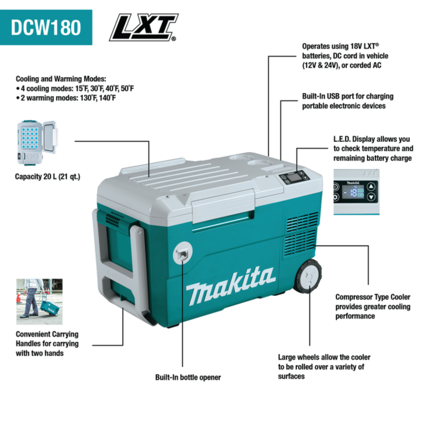 Makita 18V LXT Lithium-Ion 12V/24V DC Auto and AC Cooler/Warmer (Bare Tool) - DCW180Z-HIDDEN
