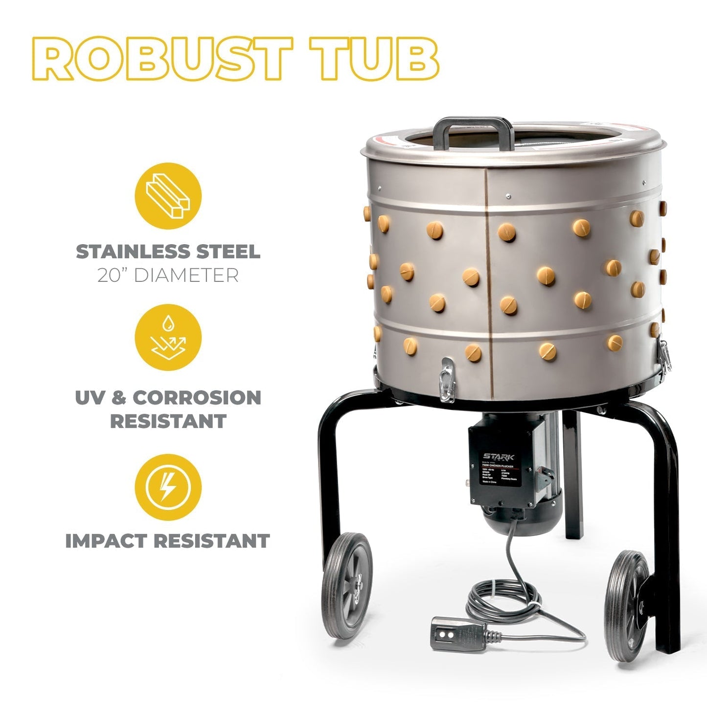 Stark USA 750W Chicken Plucker, 92 Natural Soft Fingers 20" Drum Stainless Steel - 97065