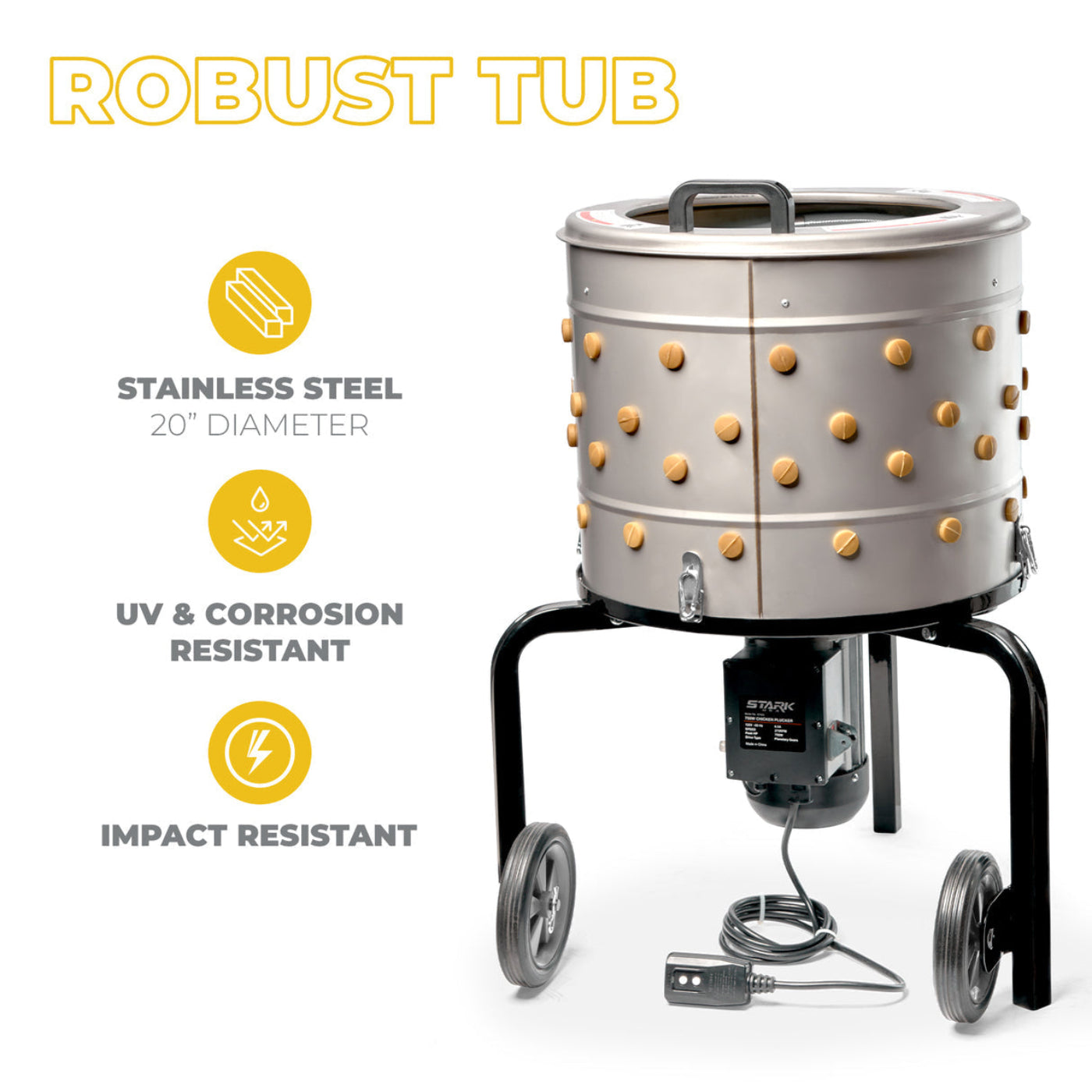 Stark USA 750W Chicken Plucker, 92 Natural Soft Fingers 20" Drum Stainless Steel - 97065