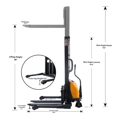 Apollolift Semi-Electric Straddle Stacker  2200Lbs Cap. 98" Lifting - Backyard Provider