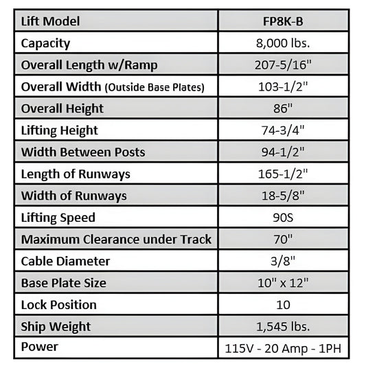 Tuxedo  8,000 lb Service Storage Lift - Basic - FP8K-B