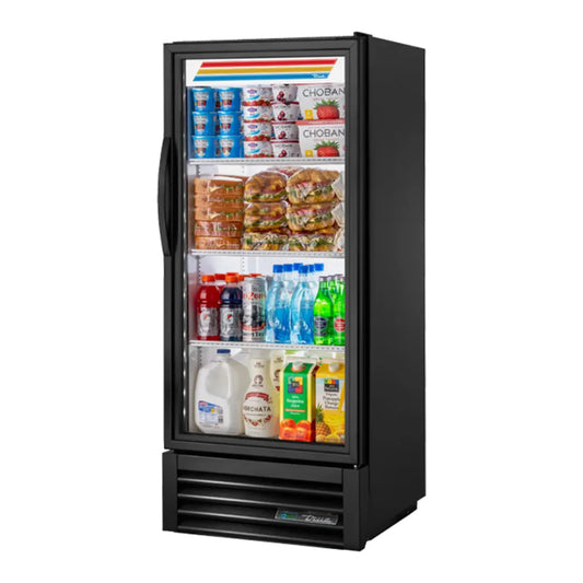 True 24 7/8" GDM Series Black-Coated Steel One Section Glass Door Merchandiser with 1 Right Hinge Door and LED Lighting, Black, 115v/1ph - GDM-10-58-HC-TSL01