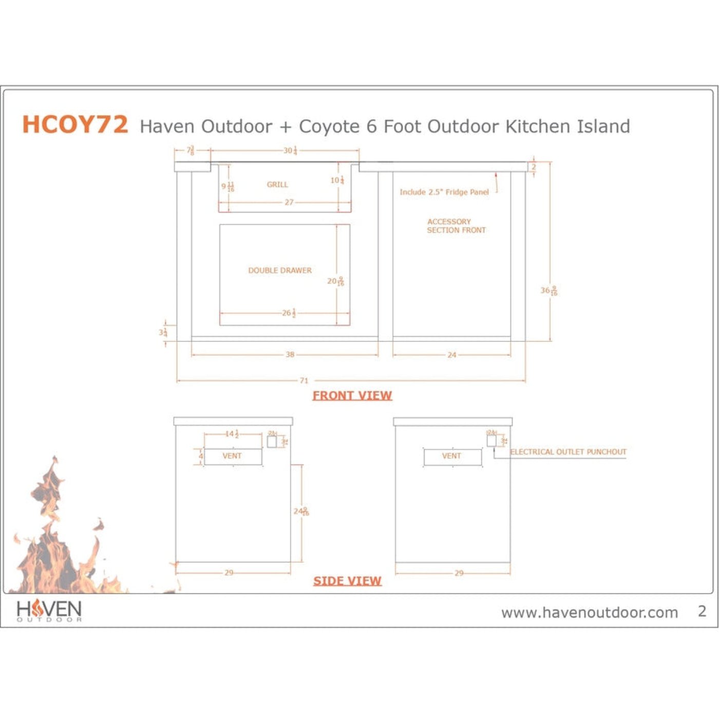 Haven 72-Inch Outdoor Kitchen Island with Trash Center, Gas Grill & Double Access Door - HCOY66TRASH-AB-LP