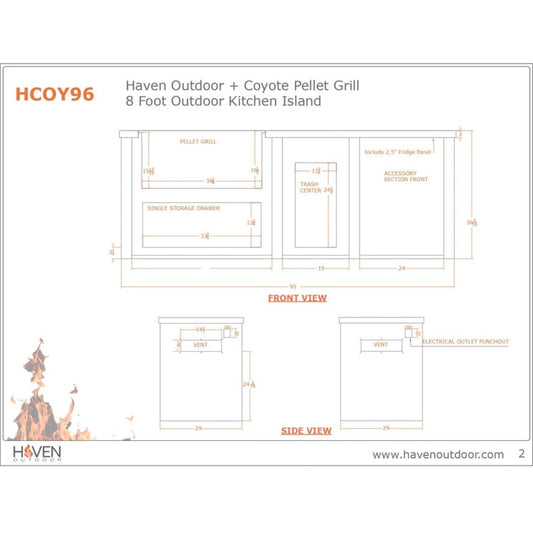 Haven 96-Inch Outdoor Kitchen Island with Trash Center, 2 Drawer Cabinet & Gas Grill - HCOY96DRAW-AB-LP