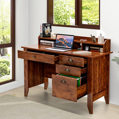 Tangkula 48" Computer Desk with 4 Storage Drawers & Hutch, Home Office Desk Vintage Desk - HW65851WH