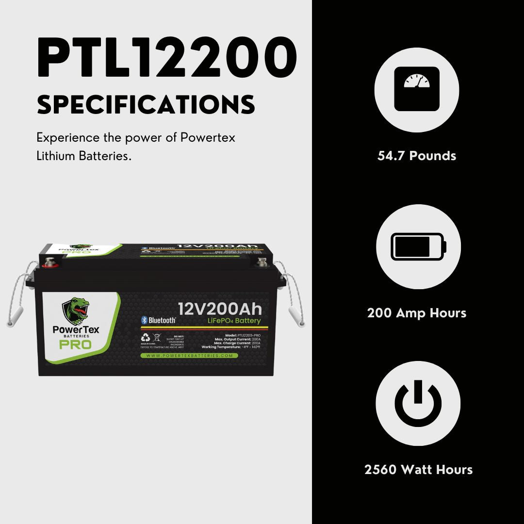 PowerTex Batteries PRO 12V 200Ah LiFePO4 Bluetooth Lithium Iron Phosphate Battery - PTL12200-PRO