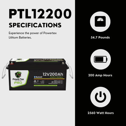 PowerTex Batteries PRO 12V 200Ah LiFePO4 Bluetooth Lithium Iron Phosphate Battery - PTL12200-PRO