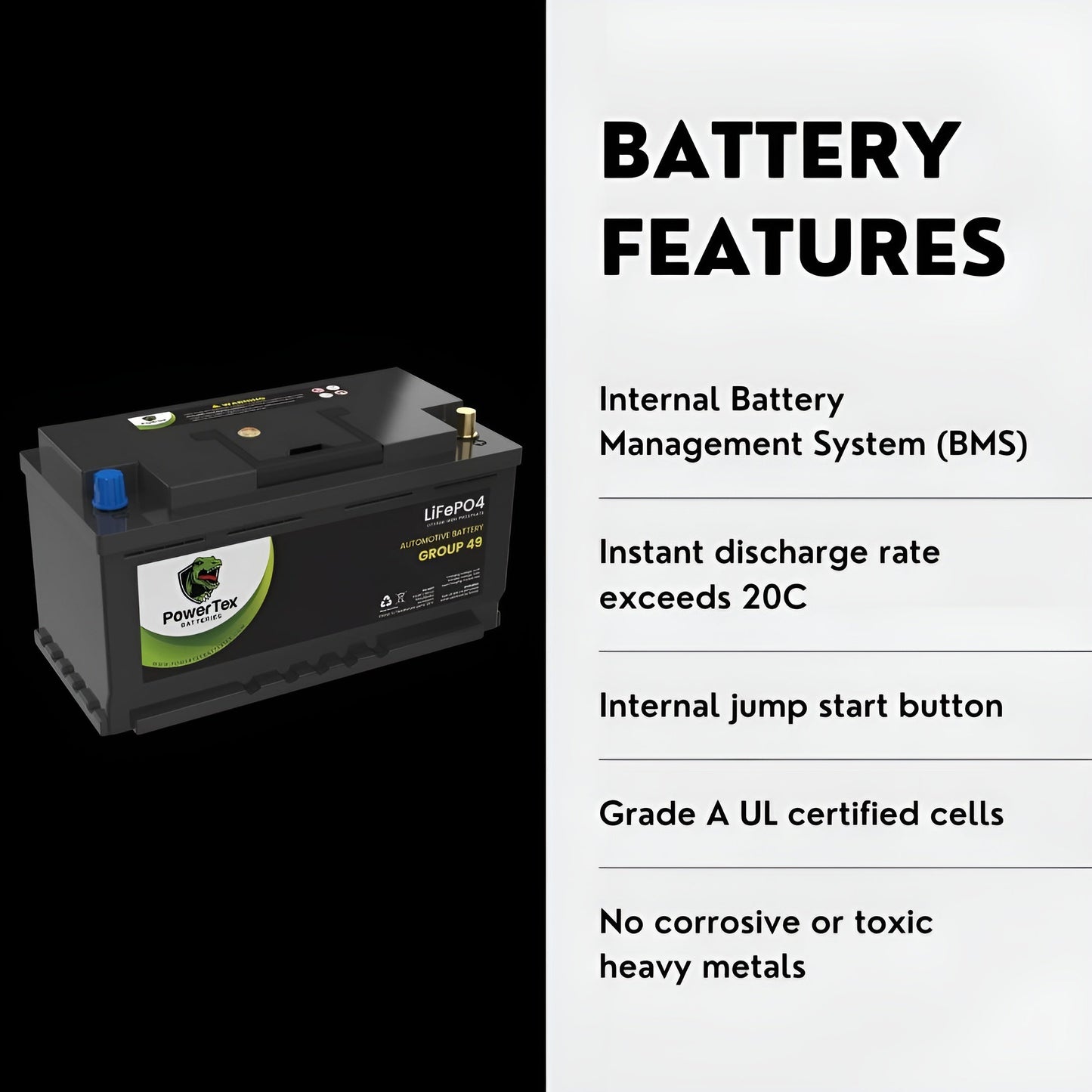 PowerTex 2021 BMW M760i xDrive Car Battery BCI Group 49 / H8 Replacement Lithium LiFePO4 Automotive Battery