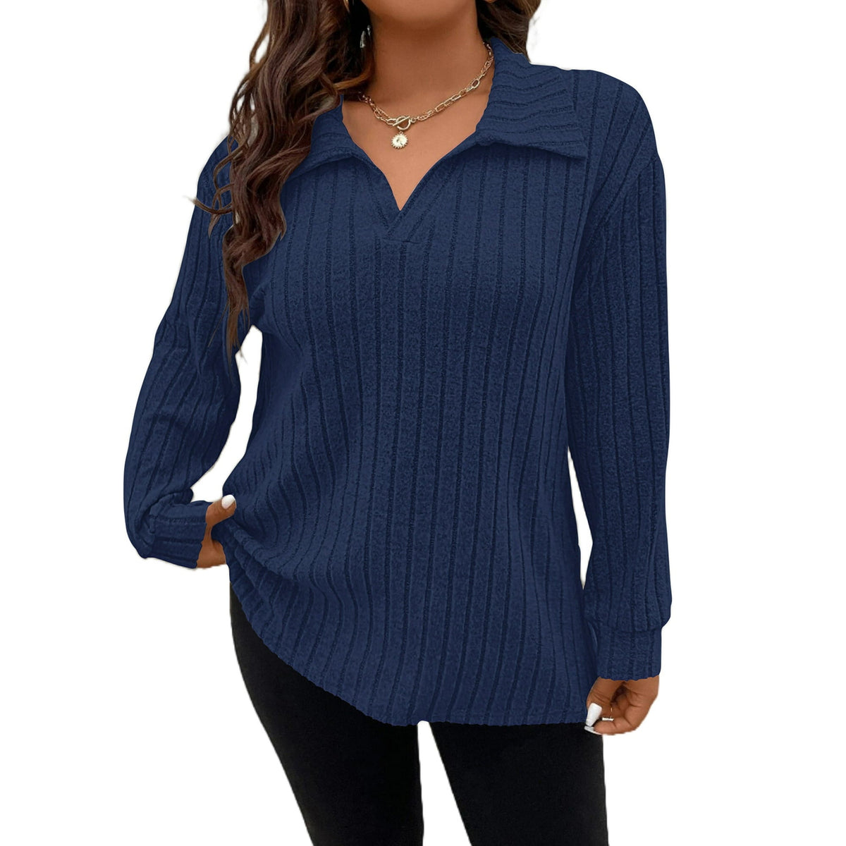 Plus Size Navy Long Sleeve V Neck Polo Shirts For Women