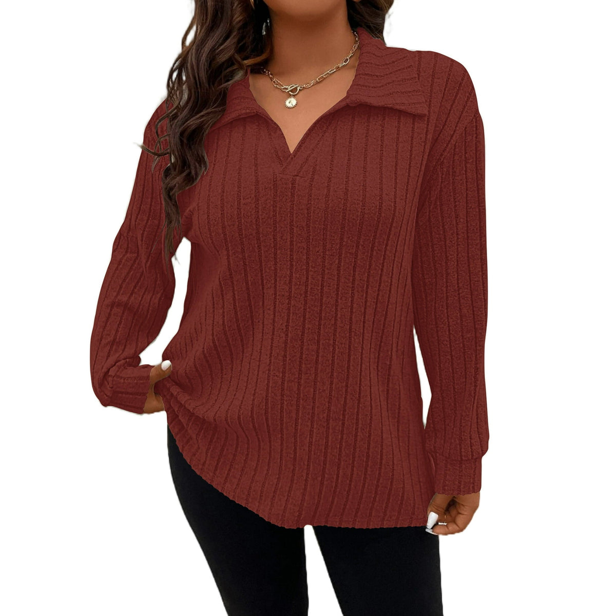 Plus Size Red Long Sleeve V Neck Polo Shirts For Women