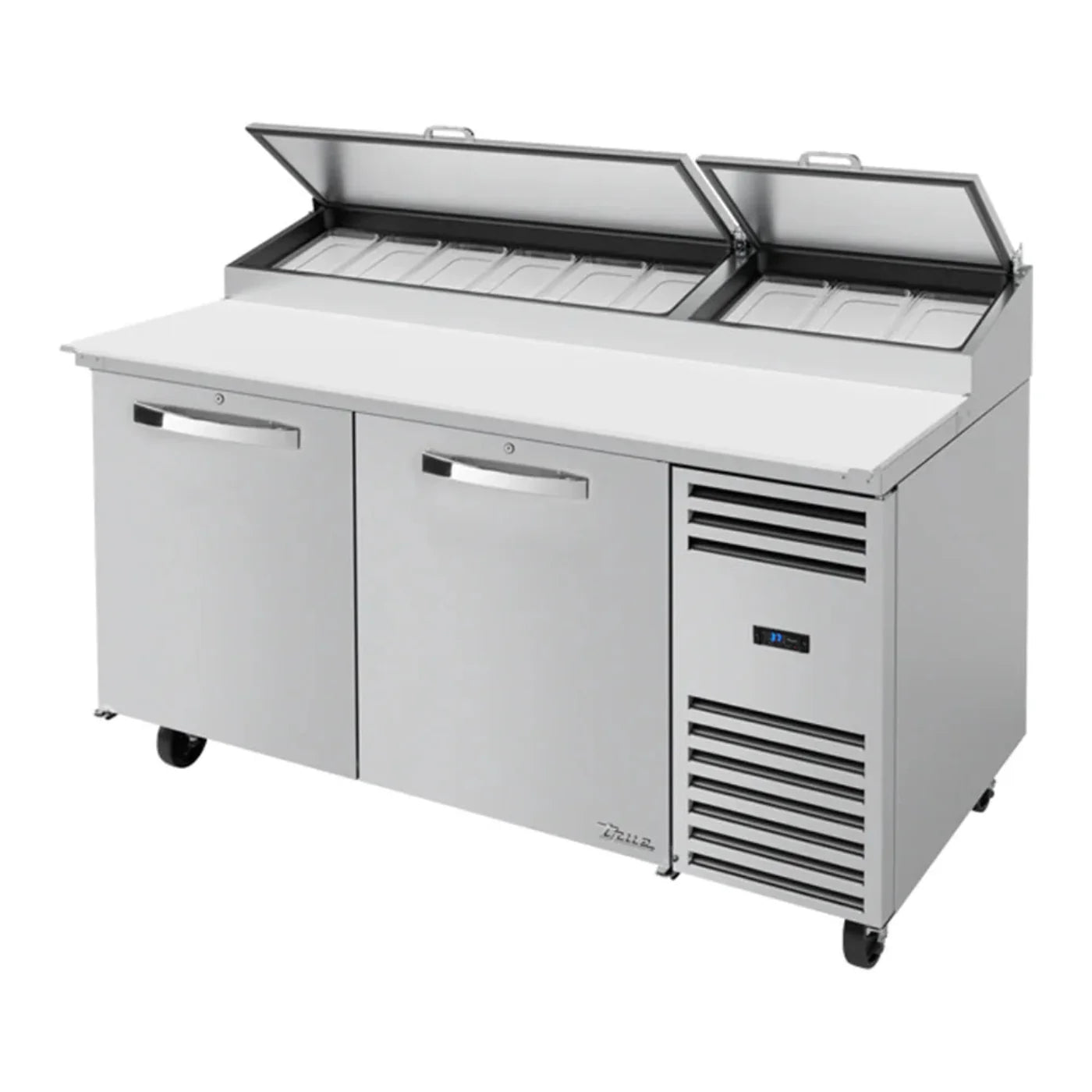 True 67 3/8" Spec Series Stainless Steel and Aluminum Refrigerated Pizza Prep Table with Two Doors,Silver,115v/1ph -=  TPP-AT-67-HC-SPEC3