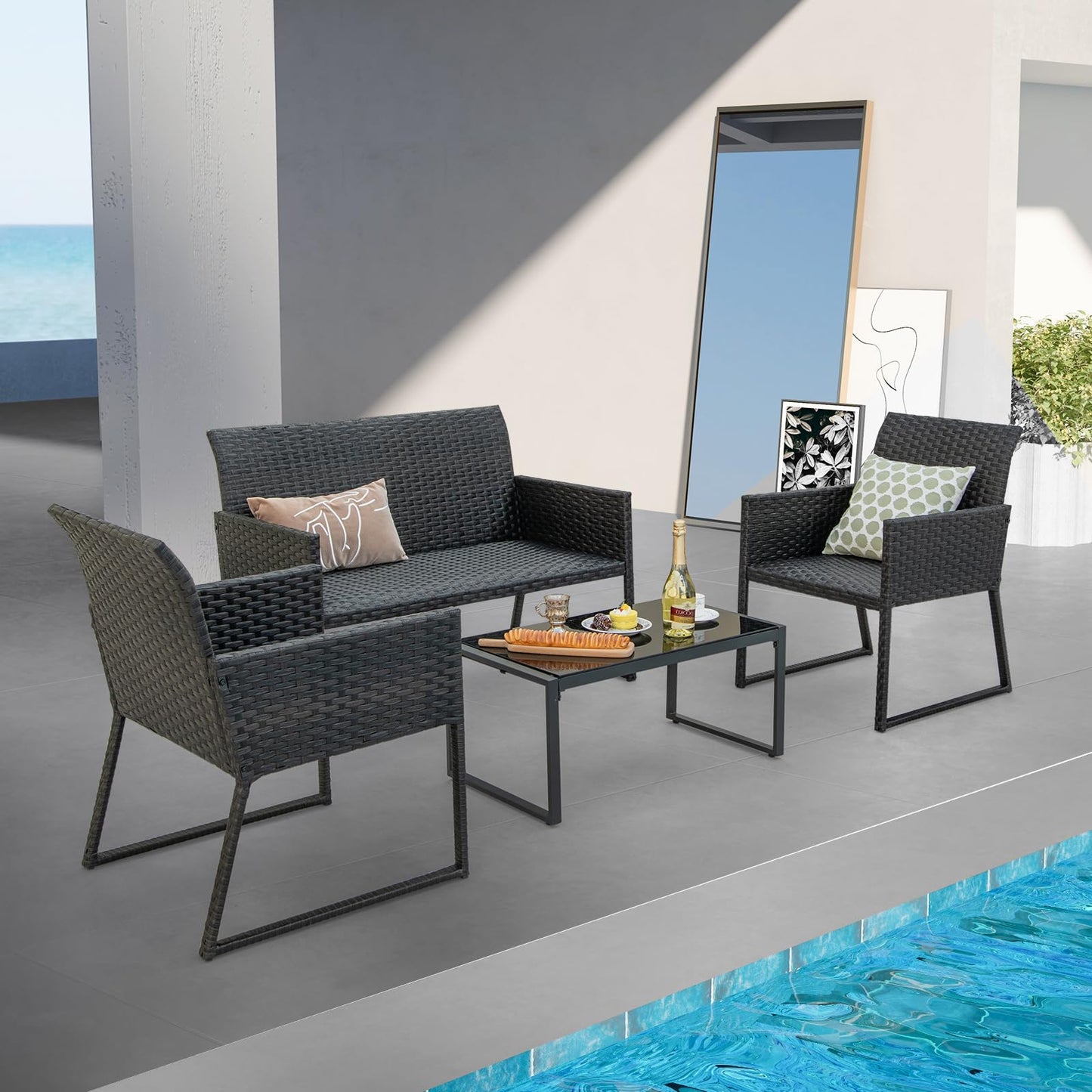 Tangkula 4 Pieces Wicker Patio Furniture Set with Quick-Drying Foam - NP11281+