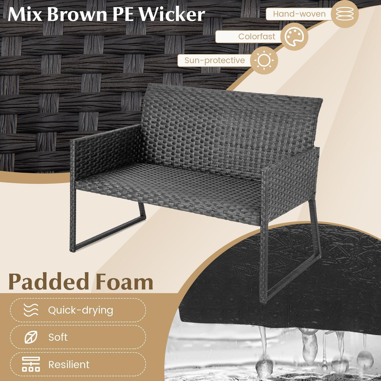 Tangkula 4 Pieces Wicker Patio Furniture Set with Quick-Drying Foam - NP11281+