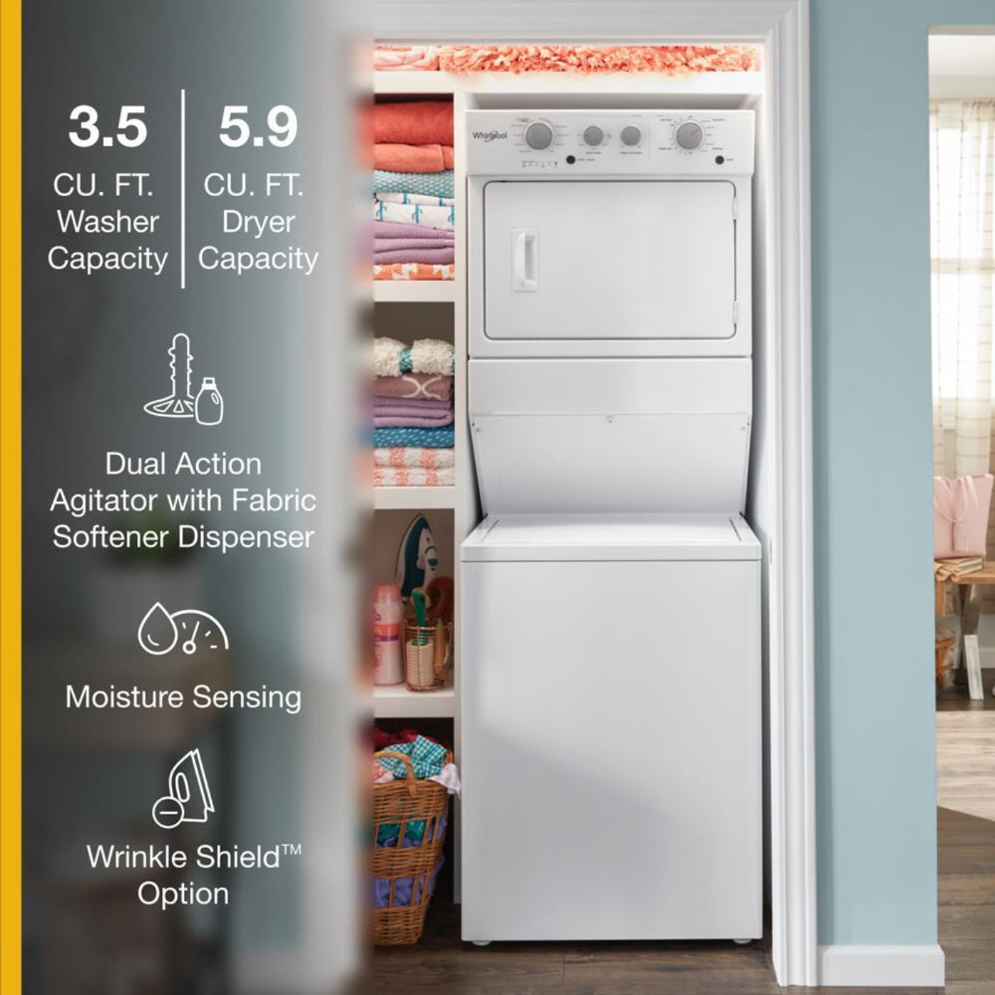 WHIRLPOOL3.5 cu.ft Long Vent Electric Stacked Laundry Center 9 Wash cycles and AutoDry - WETLV27HW-KT