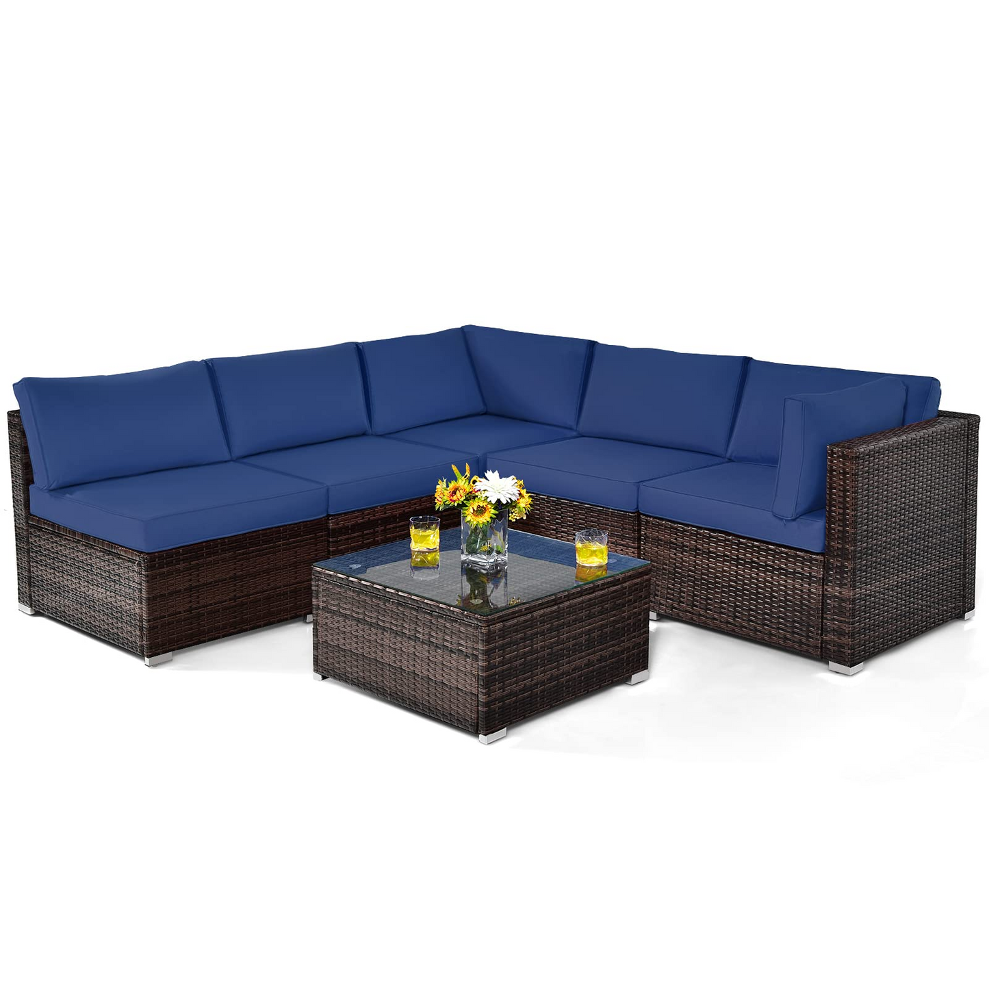 Tangkula 6 Pieces Patio Furniture Set, Outdoor Wicker Conversation Set with Glass Coffee Table - HW67937WH+