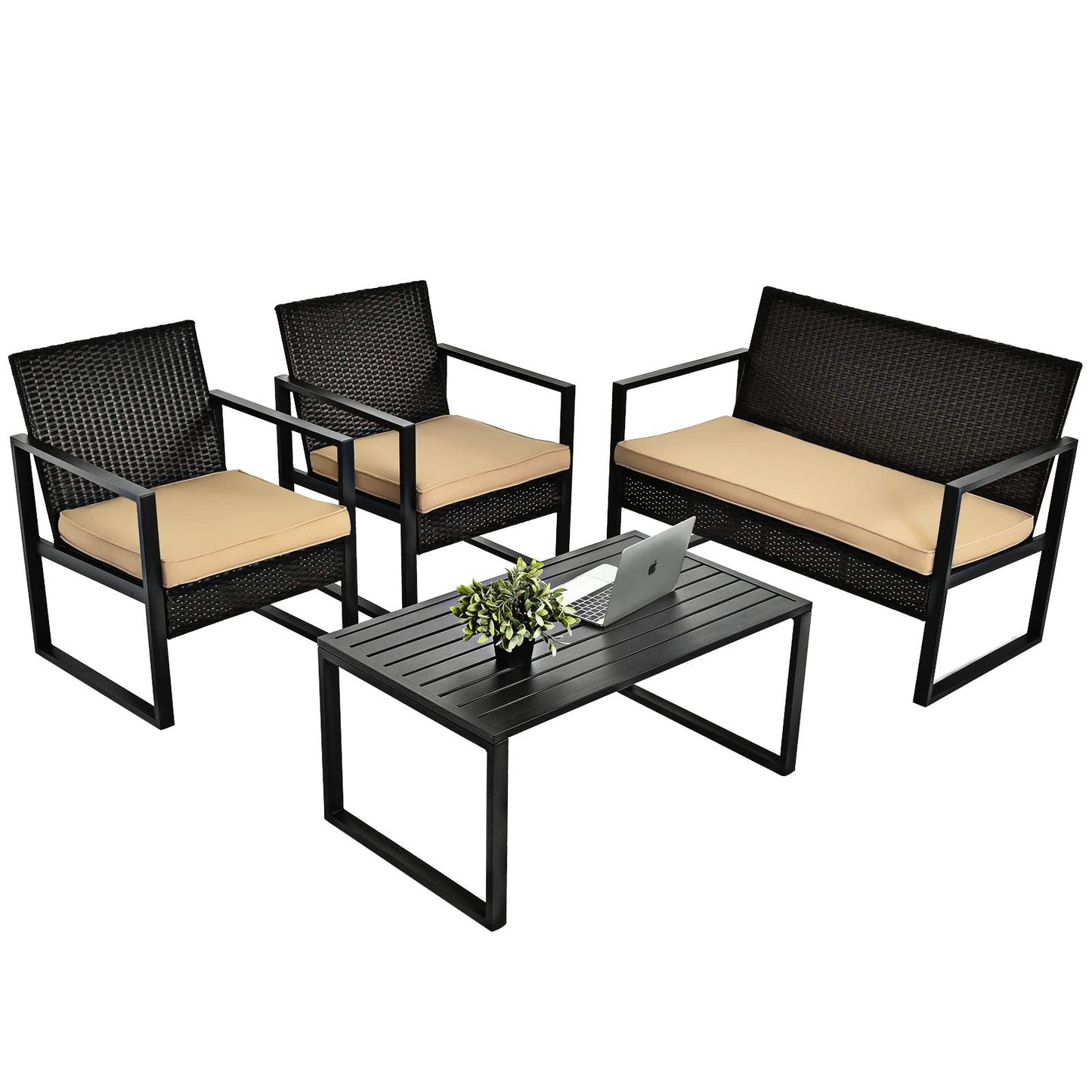 Tangkula 4-Piece Patio Rattan Furniture Set, Outdoor Conversation Set - HW64403