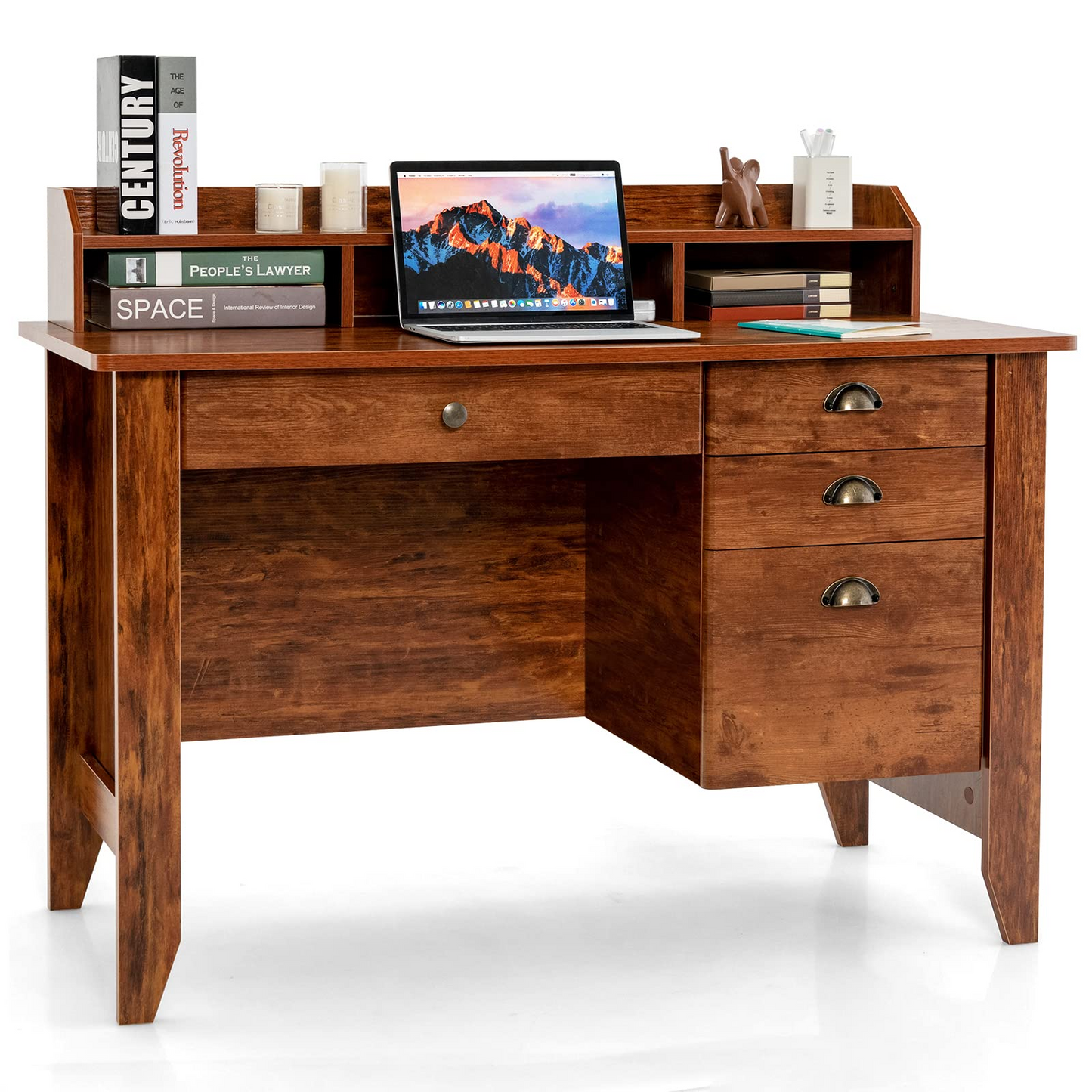 Tangkula 48" Computer Desk with 4 Storage Drawers & Hutch, Home Office Desk Vintage Desk - HW65851WH
