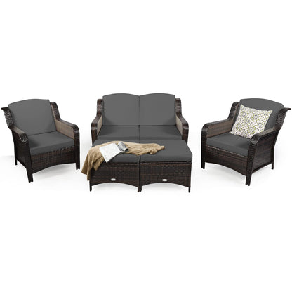 Tangkula 5 Pieces Patio Furniture Set, Outdoor Rattan Conversation Sofa Set with Loveseat - HW67702TU+