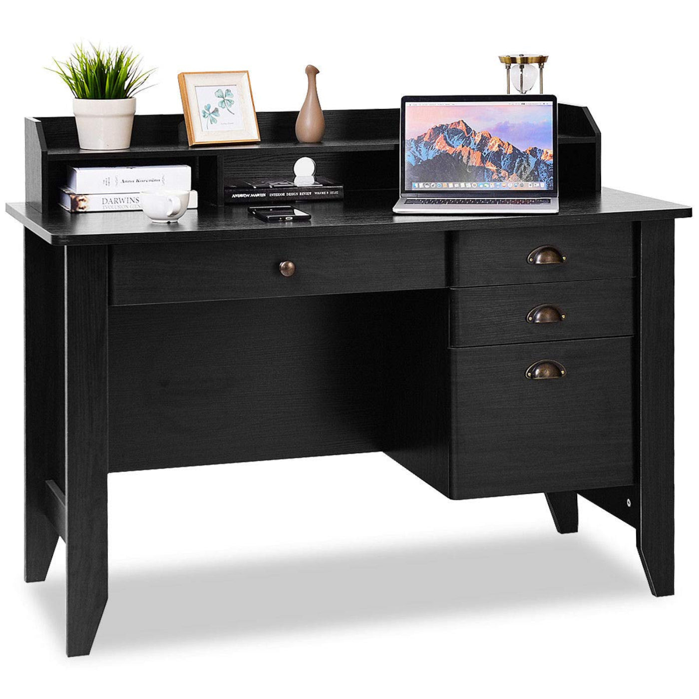Tangkula 48" Computer Desk with 4 Storage Drawers & Hutch, Home Office Desk Vintage Desk - HW65851WH