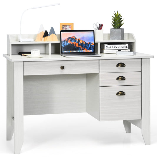 Tangkula 48" Computer Desk with 4 Storage Drawers & Hutch, Home Office Desk Vintage Desk - HW65851WH