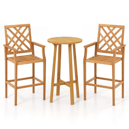 Tangkula 3 Piece Patio Bar Set, Teak Wood Bistro Furniture with Backrest, Armrests & Footrest - 2*JV11957+JV11903