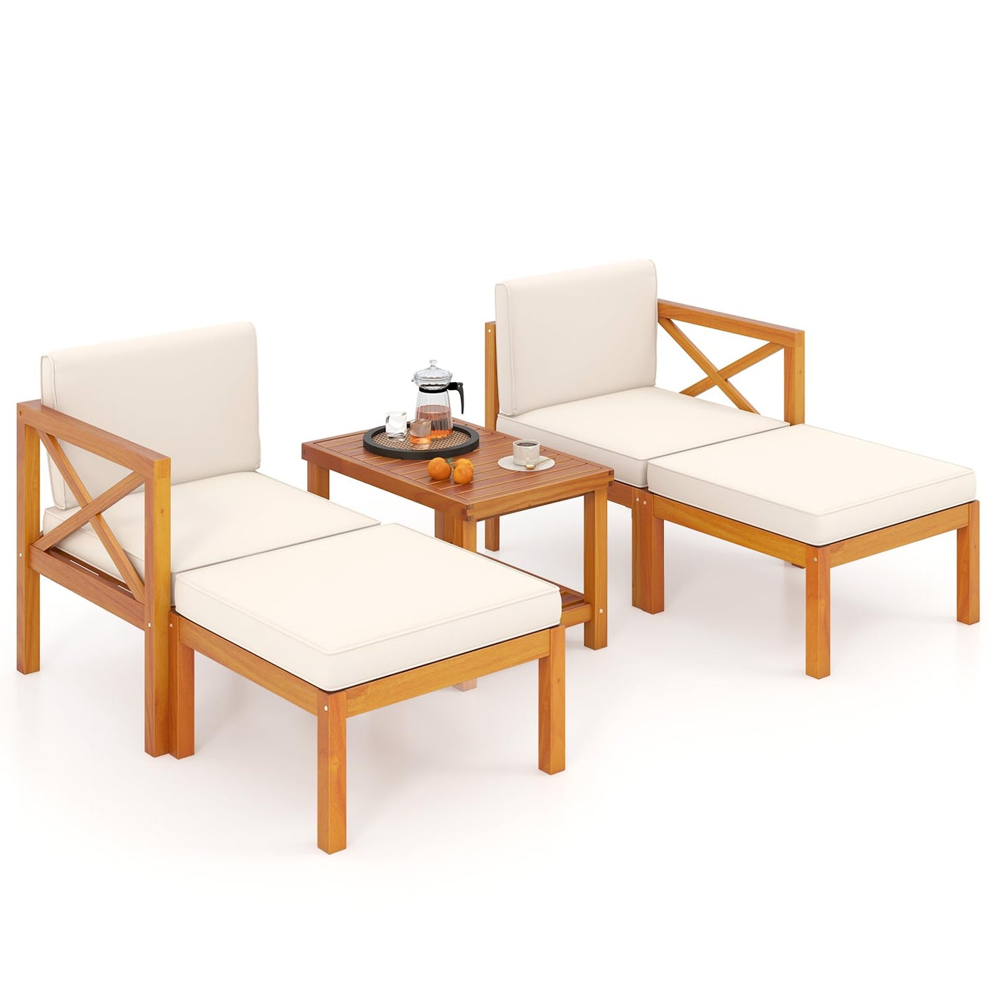 Tangkula 5 Pieces Acacia Wood Patio Chaise Lounge Chair Set with Ottomans and Cushions - HW72989WH+
