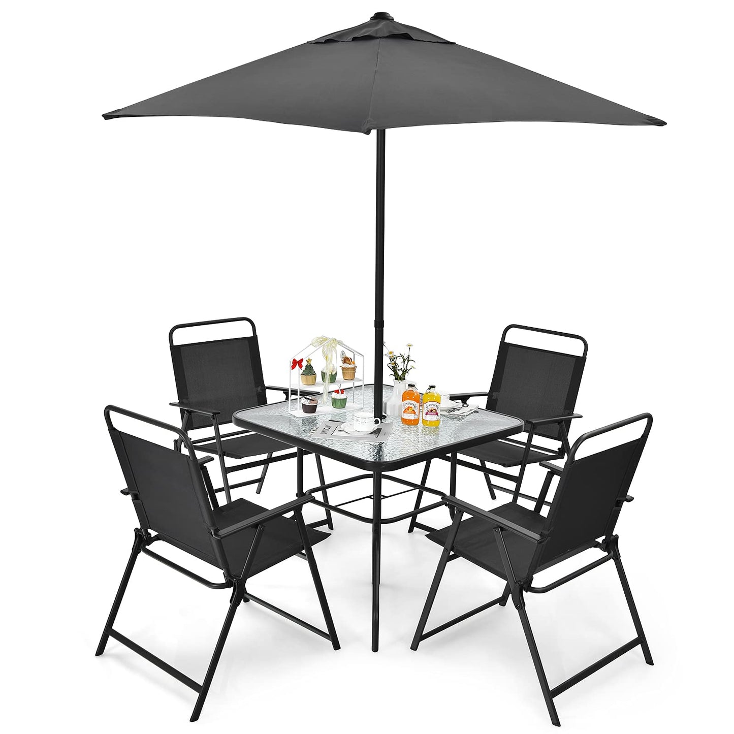 Tangkula 6 Pieces Patio Dining Set with Umbrella, Outdoor Table and Chair Set - NP10069WL-GR