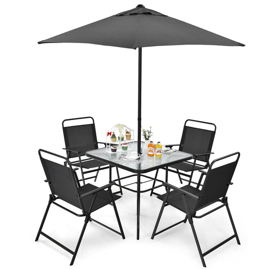 Tangkula 6 Pieces Patio Dining Set with Umbrella, Outdoor Table and Chair Set - NP10069WL-GR