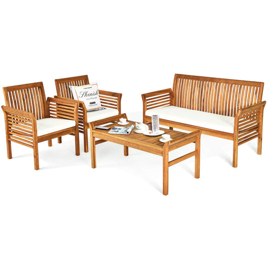 Tangkula 4 or 8 Piece Outdoor Acacia Wood Sofa Set, Padded Patio Conversation Table Chair Set - HW63884