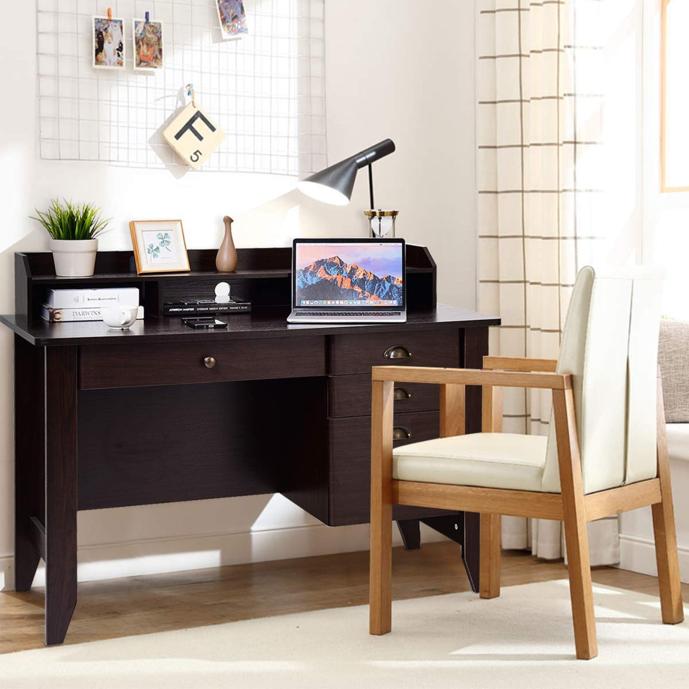 Tangkula 48" Computer Desk with 4 Storage Drawers & Hutch, Home Office Desk Vintage Desk - HW65851WH