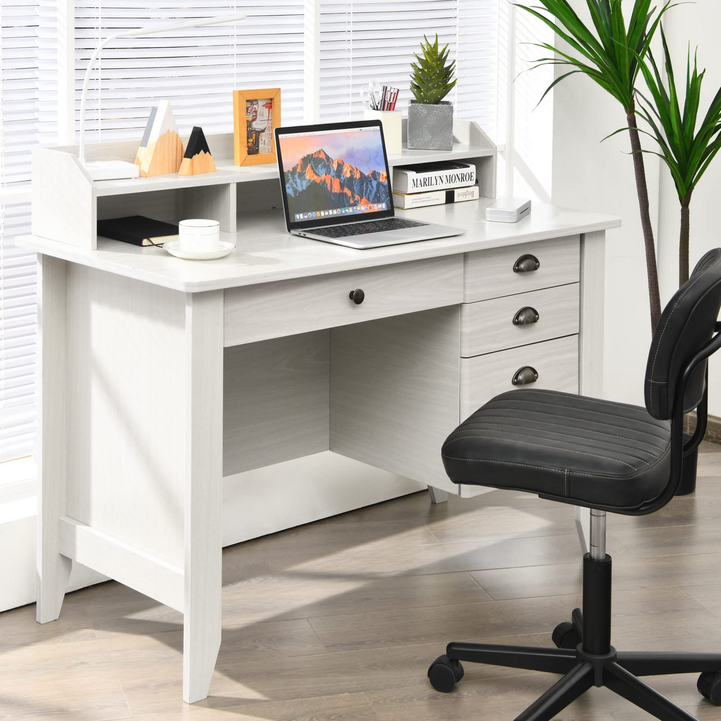 Tangkula 48" Computer Desk with 4 Storage Drawers & Hutch, Home Office Desk Vintage Desk - HW65851WH