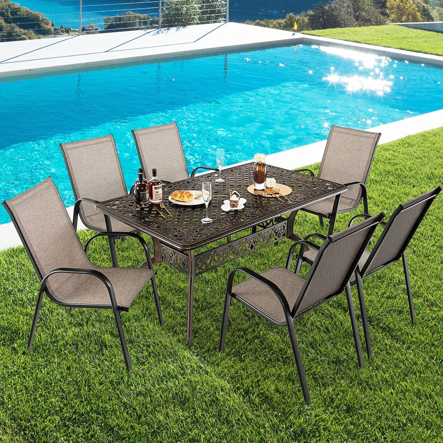 Tangkula 59 Inches Outdoor Dining Table, All-Weather Cast Aluminum Table with Umbrella Hole - NP10935CP