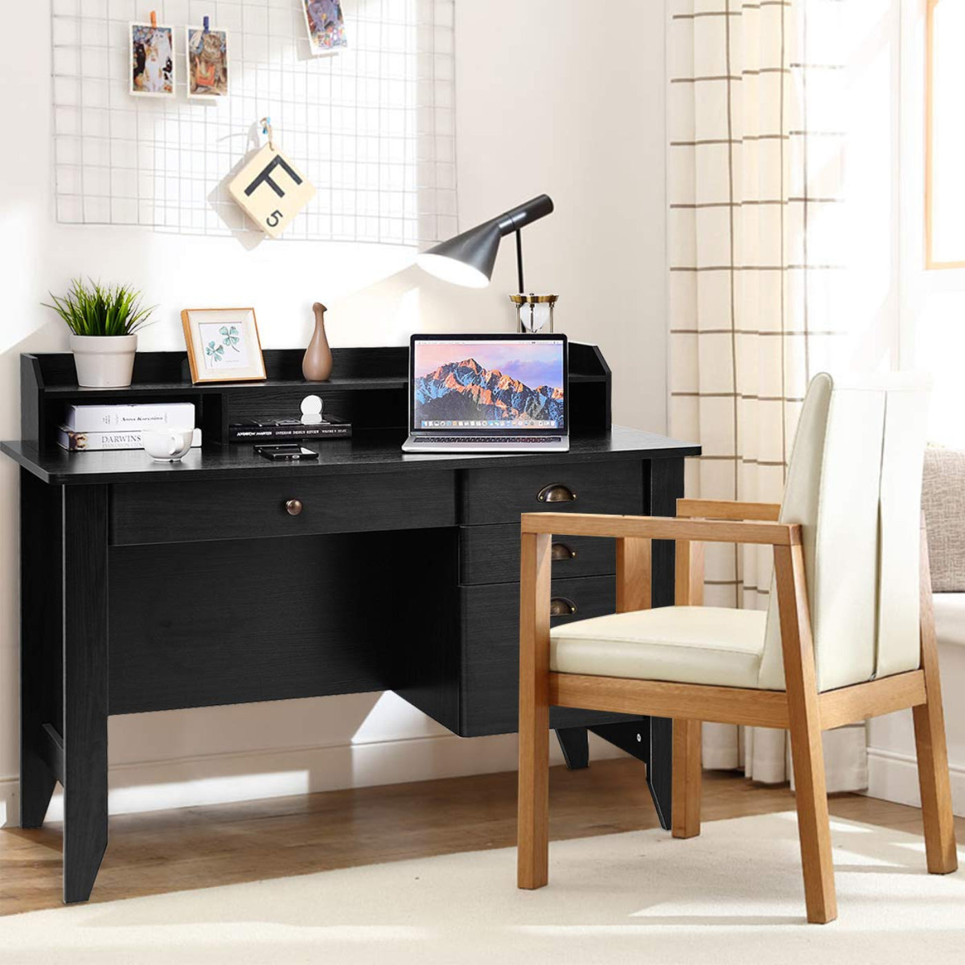 Tangkula 48" Computer Desk with 4 Storage Drawers & Hutch, Home Office Desk Vintage Desk - HW65851WH