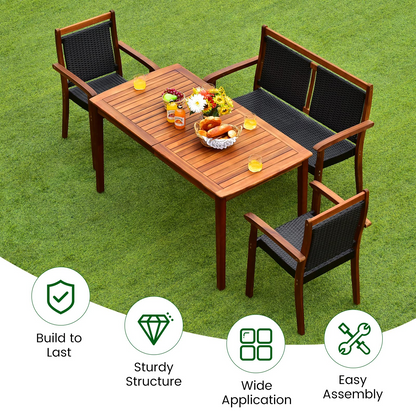Tangkula 4 Pieces Patio Dining Set, Patiojoy Outdoor PE Rattan & Acacia Wood Dining Table Set with Umbrella Hole - HW67678+