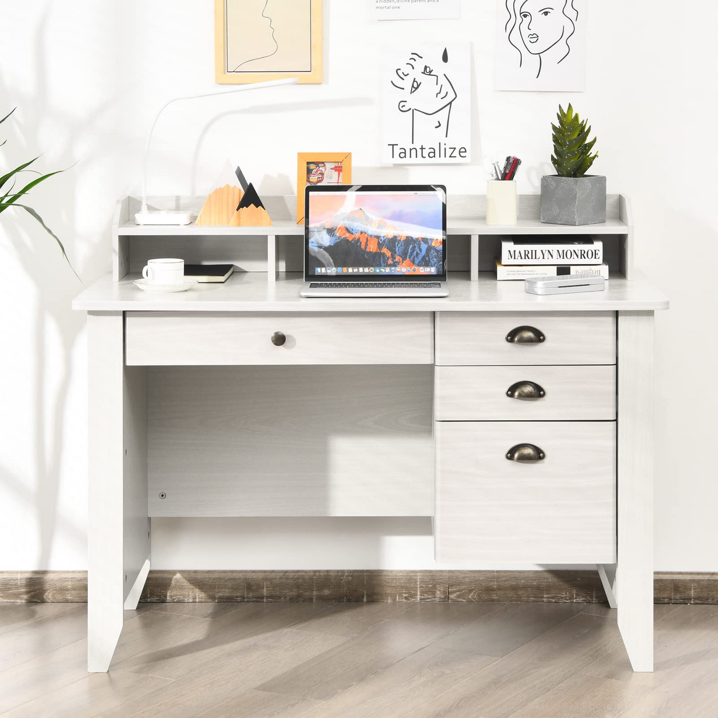 Tangkula 48" Computer Desk with 4 Storage Drawers & Hutch, Home Office Desk Vintage Desk - HW65851WH