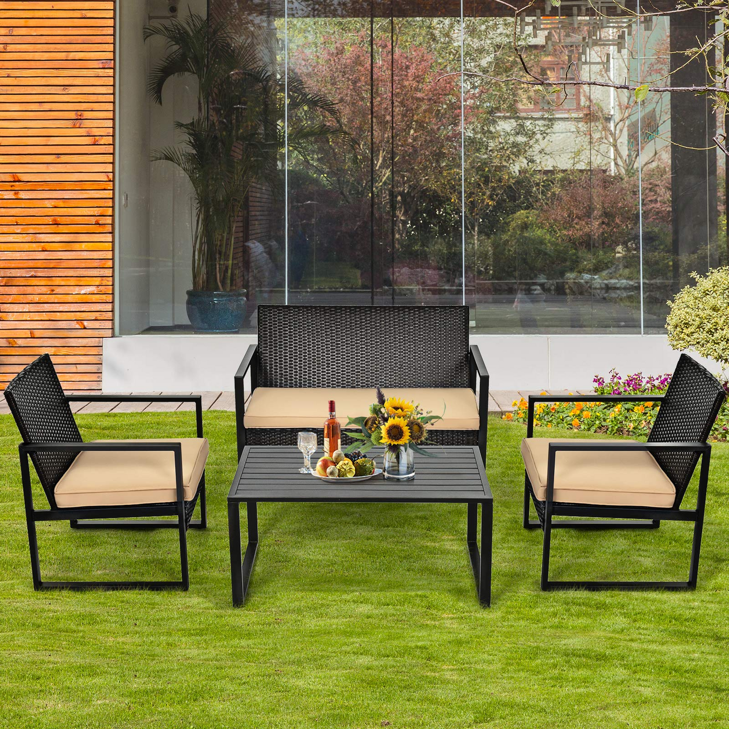 Tangkula 4-Piece Patio Rattan Furniture Set, Outdoor Conversation Set - HW64403