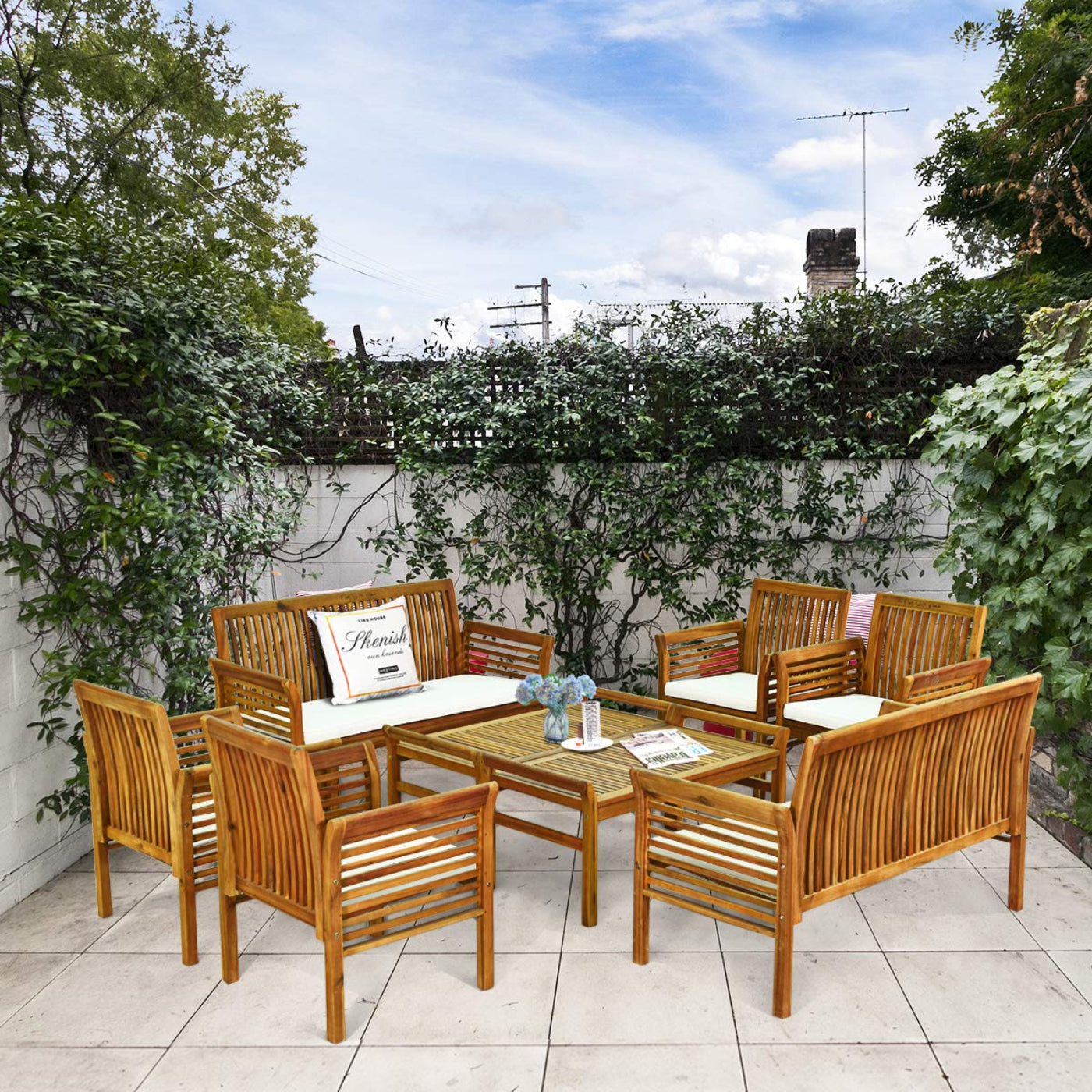 Tangkula 4 or 8 Piece Outdoor Acacia Wood Sofa Set, Padded Patio Conversation Table Chair Set - HW63884