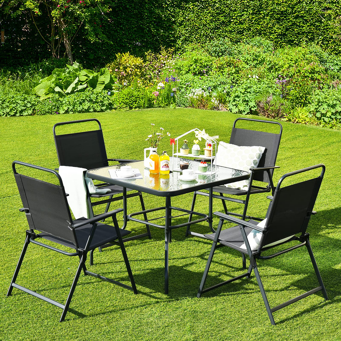 Tangkula 6 Pieces Patio Dining Set with Umbrella, Outdoor Table and Chair Set - NP10069WL-GR