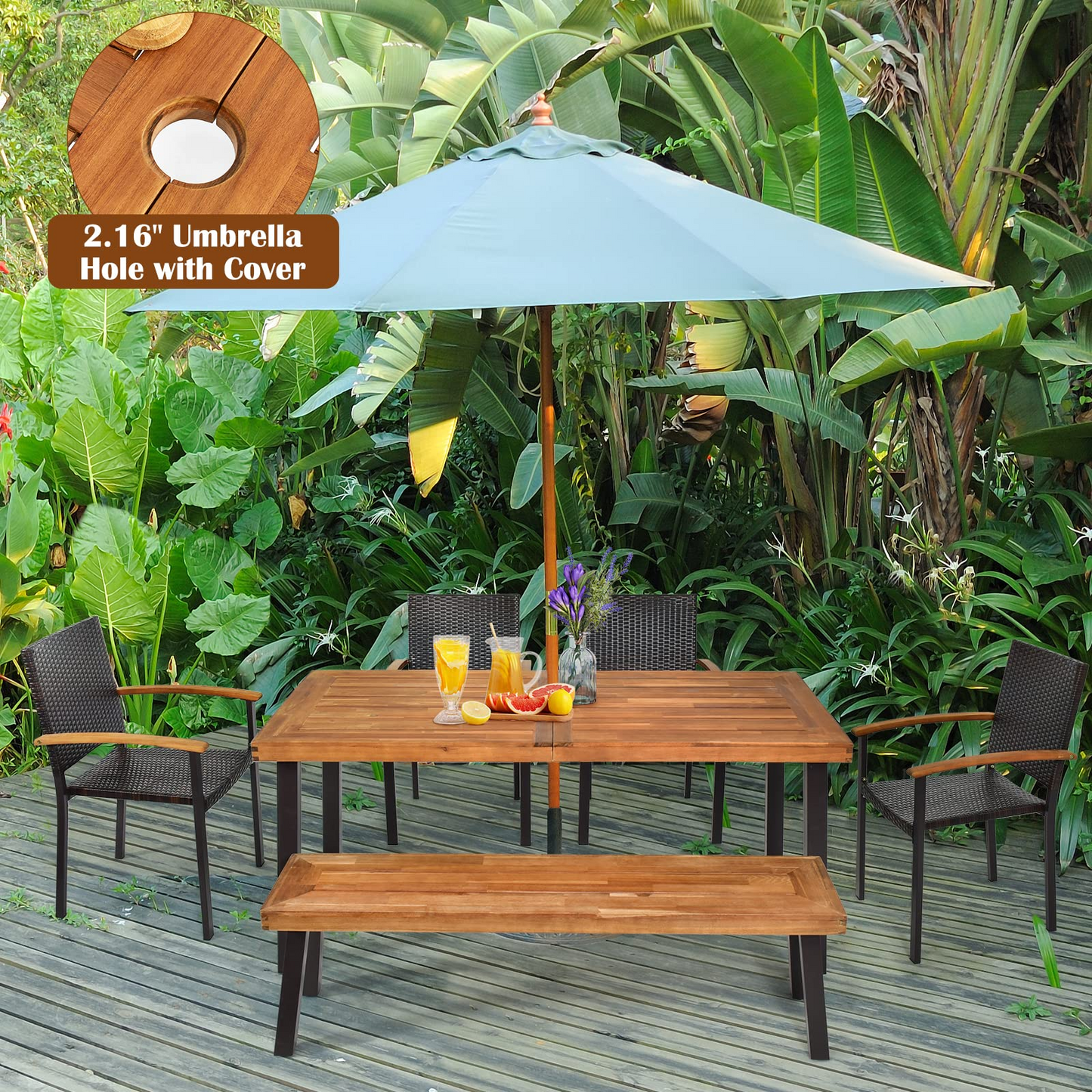 Tangkula 6 Piece Outdoor Dining Set, Patiojoy Outdoor Wicker Conversation Set - HW66354+OP70690+HW66352