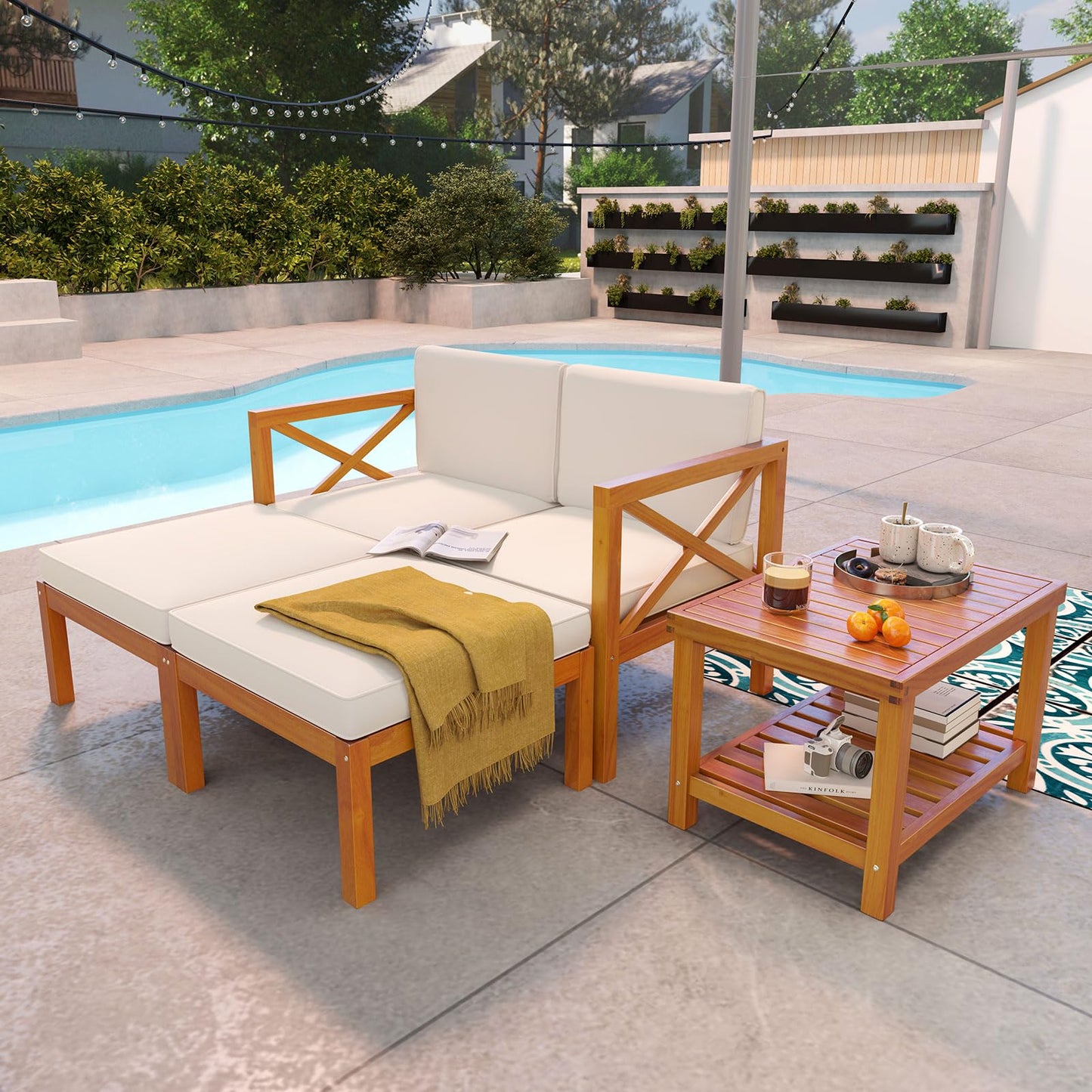 Tangkula 5 Pieces Acacia Wood Patio Chaise Lounge Chair Set with Ottomans and Cushions - HW72989WH+