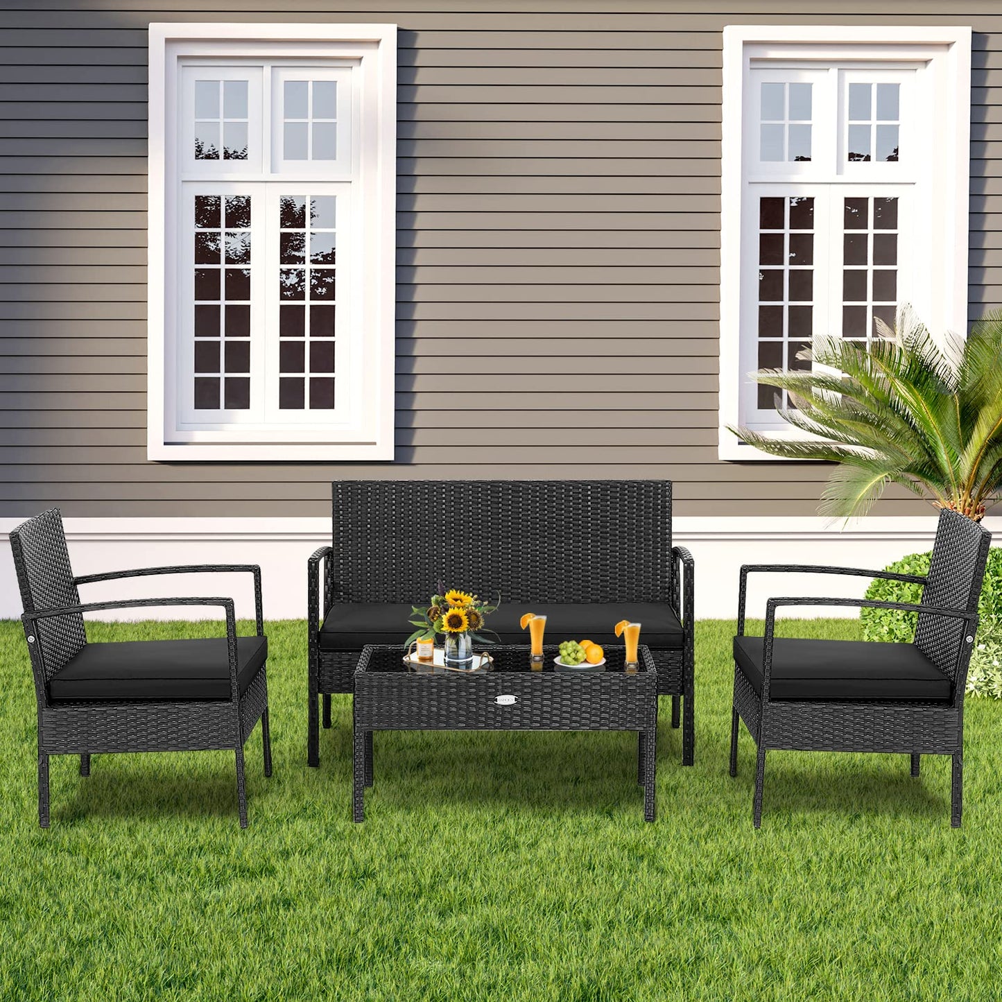 Tangkula 4 Piece Patio Rattan Conversation Set, Black - HW68938