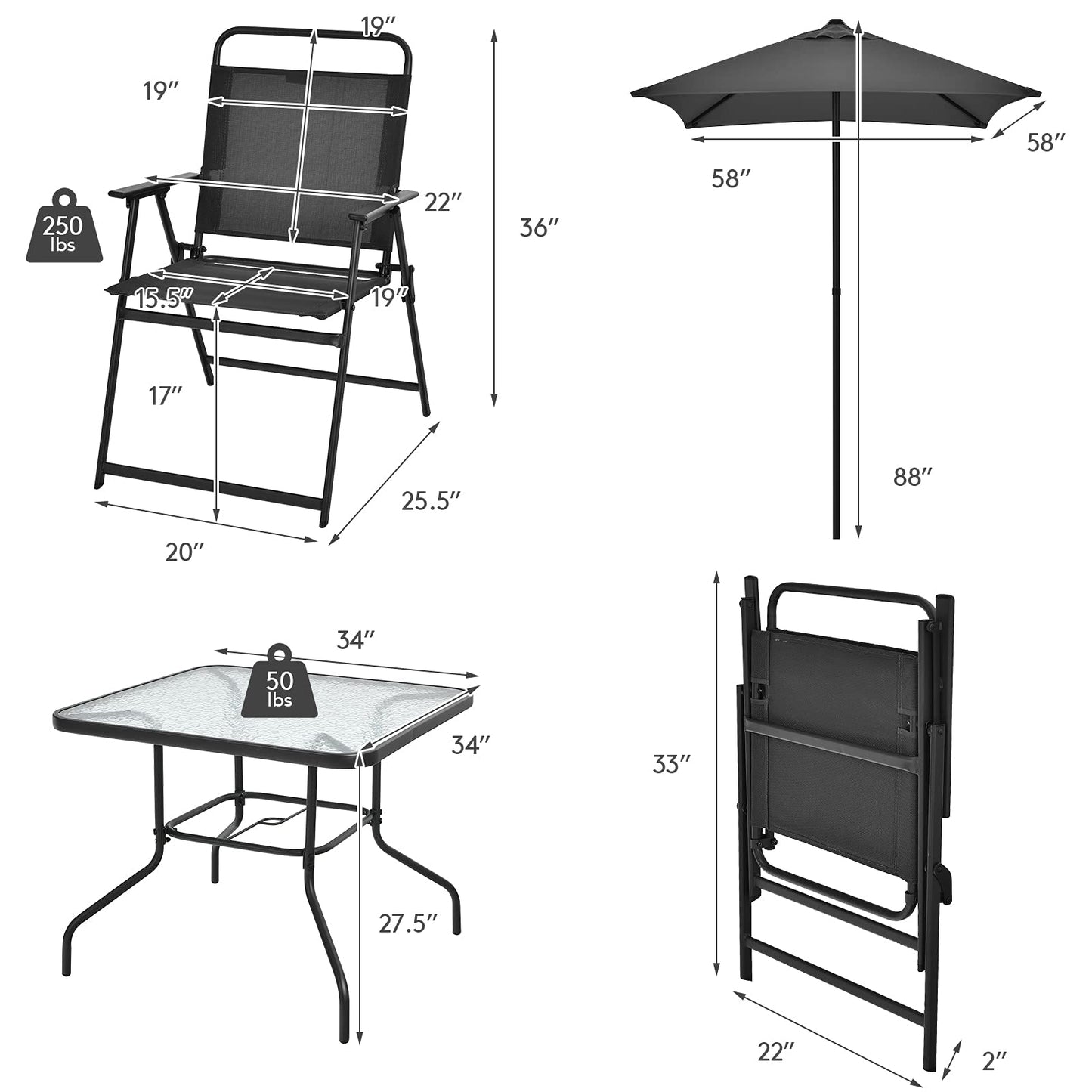 Tangkula 6 Pieces Patio Dining Set with Umbrella, Outdoor Table and Chair Set - NP10069WL-GR