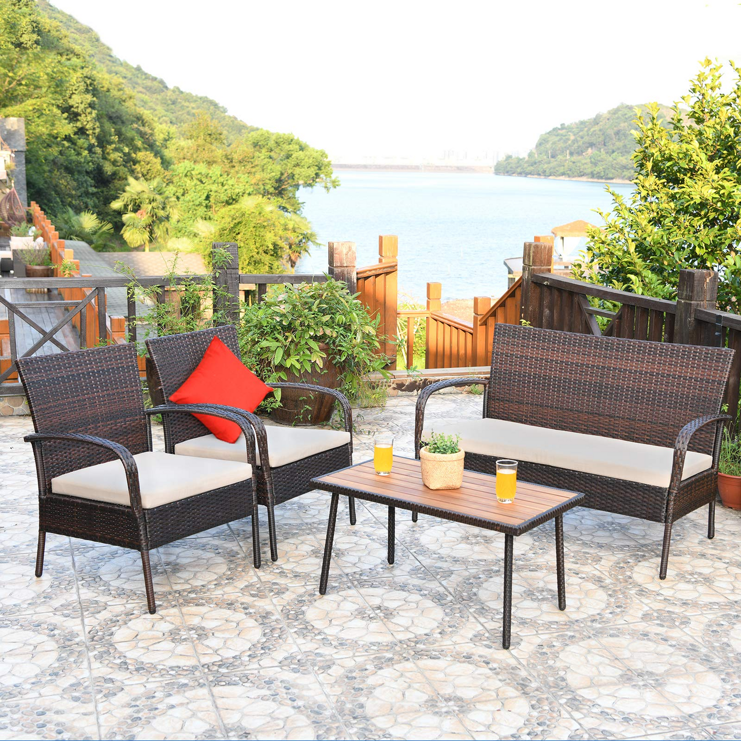 Tangkula 4/8 PCS Patio Rattan Furniture Set, Outdoor Conversation Set - HW66527