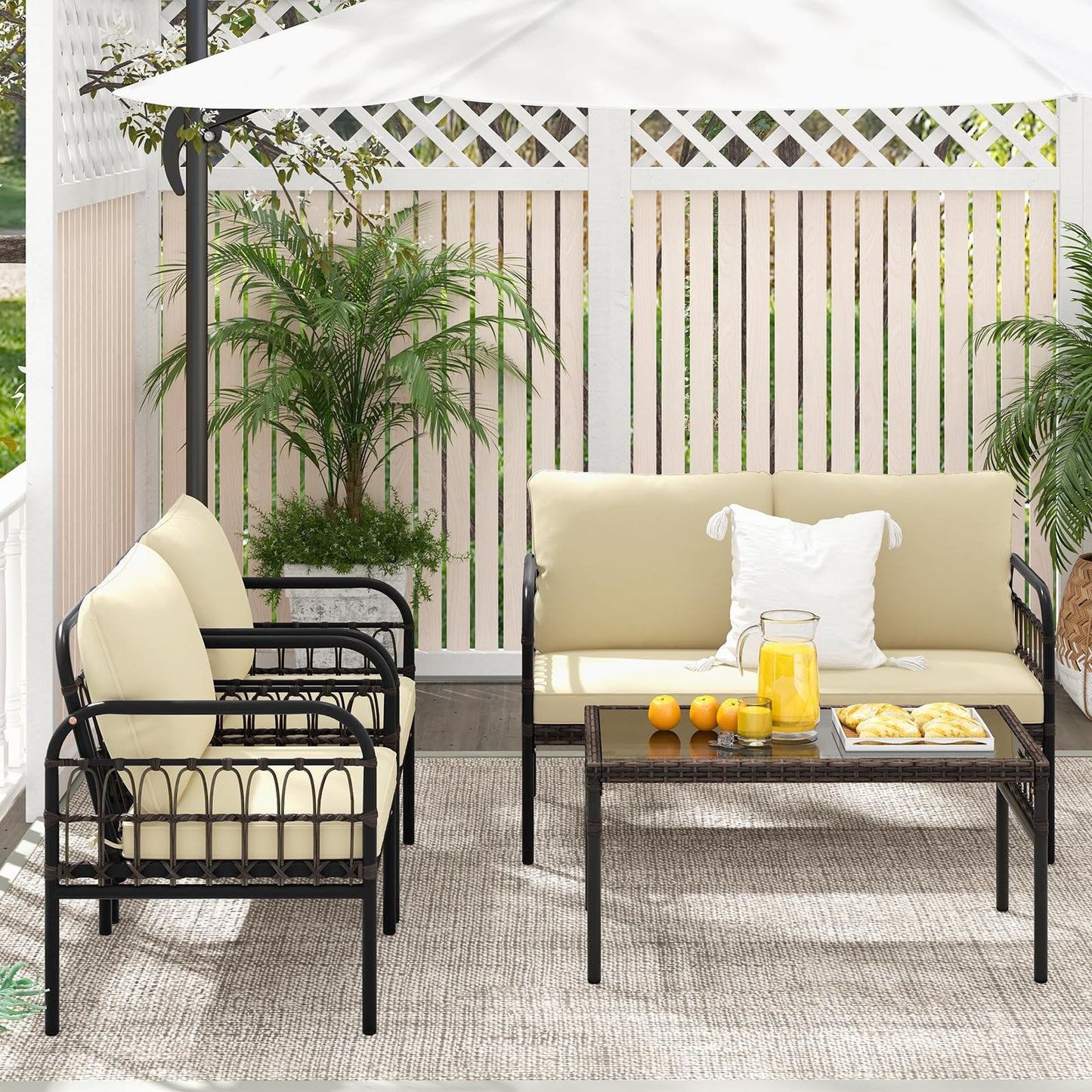 Tangkula 4 Pieces Patio Furniture Set, Outdoor Wicker Conversation Bistro Set - HW71622BN+