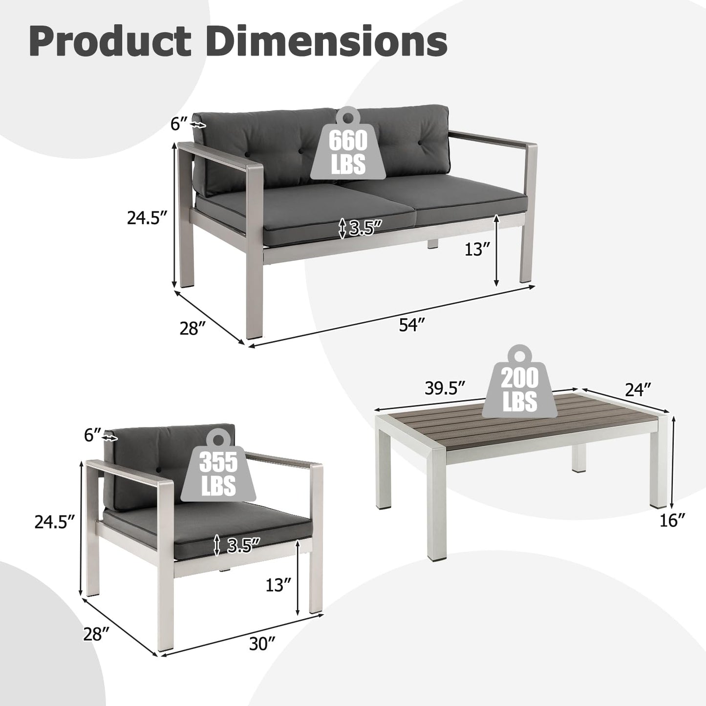 Tangkula 4 Piece Patio Aluminum Sofa Set, Contemporary Sofas & Coffee Table - 2*NP11317GR+NP11318GR+NP11319GR