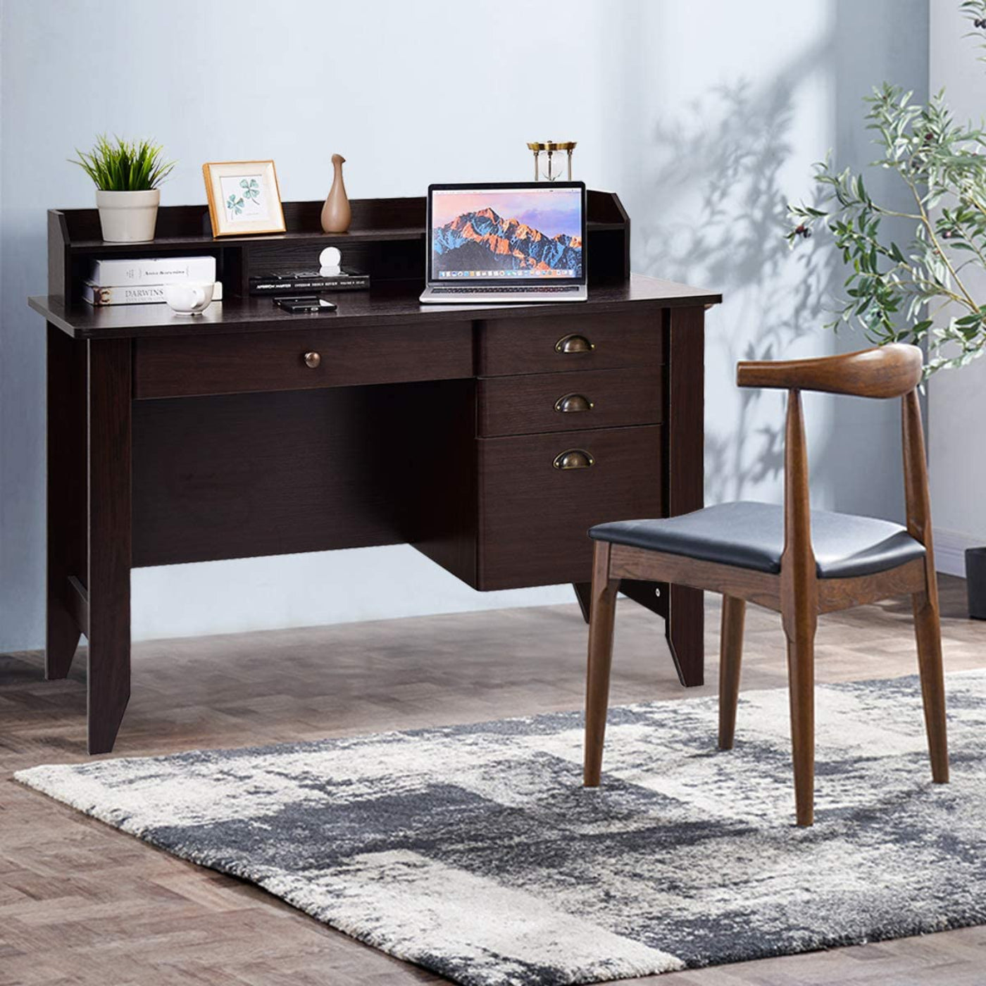 Tangkula 48" Computer Desk with 4 Storage Drawers & Hutch, Home Office Desk Vintage Desk - HW65851WH