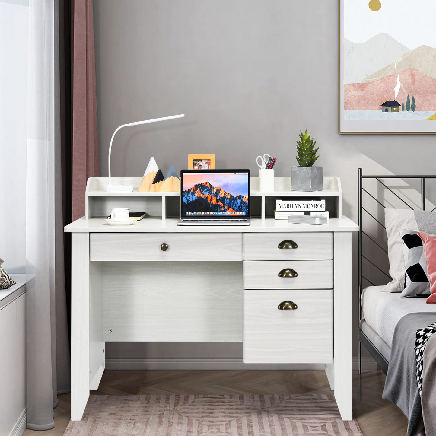 Tangkula 48" Computer Desk with 4 Storage Drawers & Hutch, Home Office Desk Vintage Desk - HW65851WH